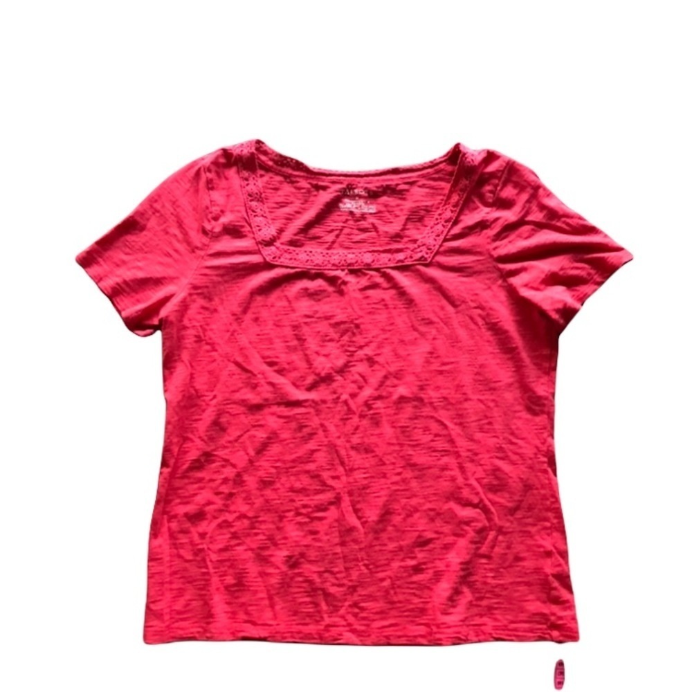 Talbots Cotton Coral Short Sleeve T-Shirt w/ Embroidered Square Neckline Sz. M